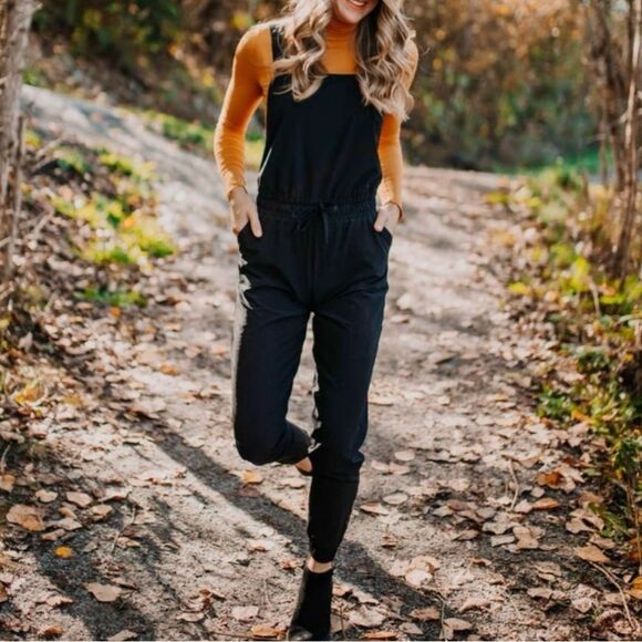 Albion Black Square Neck Overall Jumpsuit Sz Small Cinch Waist Adjustable Straps - Picture 4 of 12